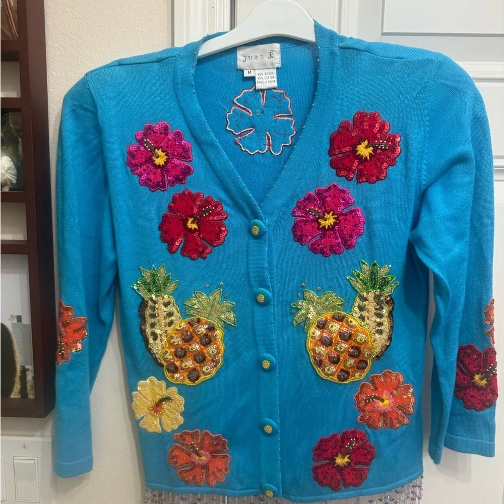 Just Be Blue Cardigan with Floral and Pineapple Embellishments size Medium - Picture 1 of 4